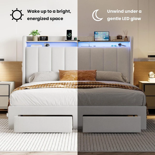 Alt view image 7 of 7 - Velvet Full Size Bed Frame with Vertical Channel Tufted Wingback Headboard & 2 Storage Drawers/2-Tier Shelves with LED Lights & Charging Station/Noise-Free/No Box Spring Needed/White
