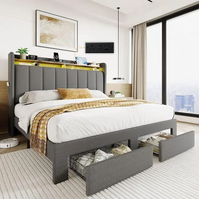 Main image of Queen Platform Bed Frame with Vertical Channel Tufted Wingback Headboard & 2 Storage Drawers/2-Tier Shelves with LED Lights & Charging Station/Noise-Free/No Box Spring Needed/Dark Grey