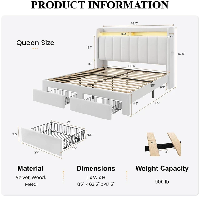Alt view image 2 of 7 - Velvet Queen Bed Frame with Vertical Channel Tufted Wingback Headboard & 2 Storage Drawers/2-Tier Shelves with LED Lights & Charging Station/Noise-Free/No Box Spring Needed/White