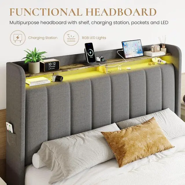 Alt view image 4 of 7 - Queen Platform Bed Frame with Vertical Channel Tufted Wingback Headboard & 2 Storage Drawers/2-Tier Shelves with LED Lights & Charging Station/Noise-Free/No Box Spring Needed/Dark Grey