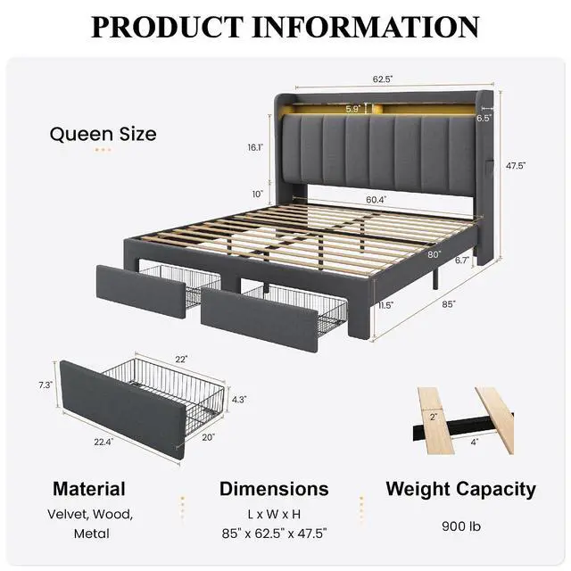 Alt view image 2 of 7 - Queen Platform Bed Frame with Vertical Channel Tufted Wingback Headboard & 2 Storage Drawers/2-Tier Shelves with LED Lights & Charging Station/Noise-Free/No Box Spring Needed/Dark Grey