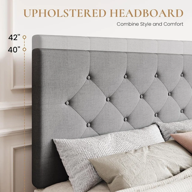 Alt view image 4 of 7 - Upholstered Full Size Platform Bed Frame with 4 Storage Drawers, Adjustable Headboard with Diamond Stitched Button Tufted Design, Wooden Slat Support, No Box Spring Needed, Light Grey