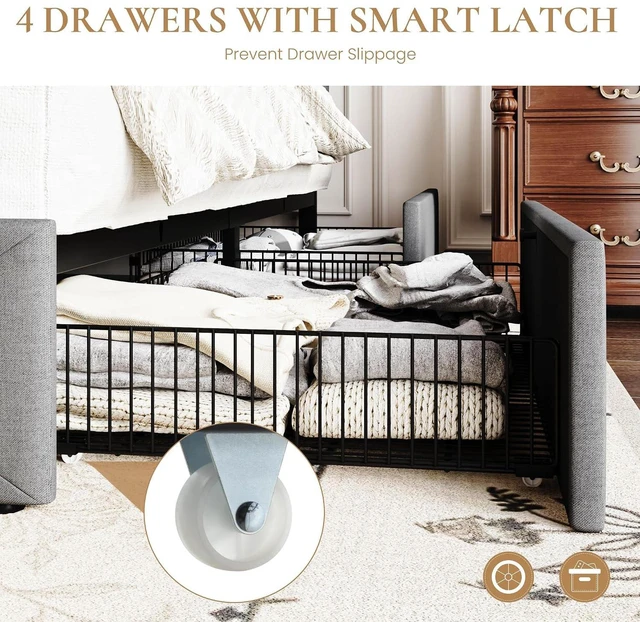 Alt view image 5 of 7 - Upholstered Full Size Platform Bed Frame with 4 Storage Drawers, Adjustable Headboard with Diamond Stitched Button Tufted Design, Wooden Slat Support, No Box Spring Needed, Light Grey