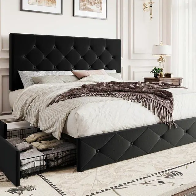 Main image of Queen Platform Bed Frame with 4 Oversized Storage Drawers, Adjustable Headboard with Velvet Upholstery, Diamond Button Tufted Design, Wooden Slat Support, No Box Spring Needed, Black