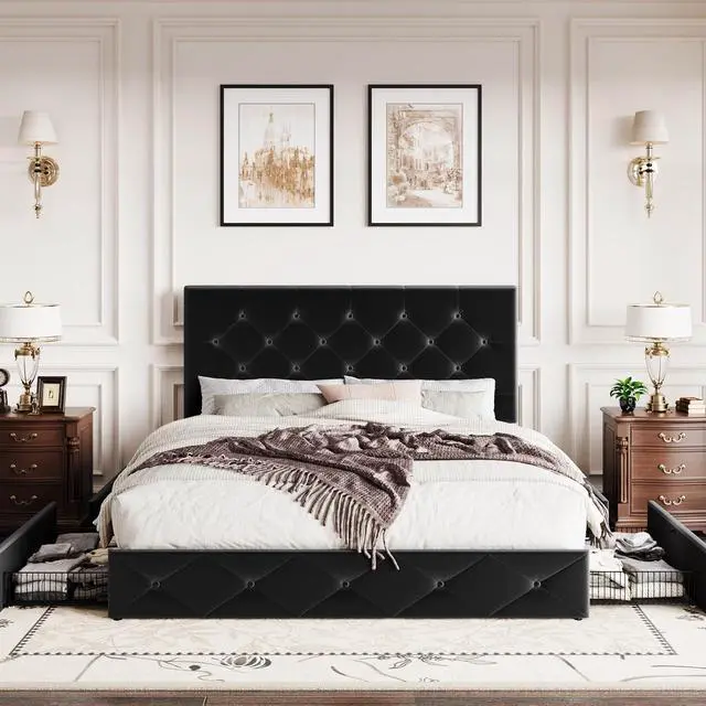 Alt view image 3 of 7 - King Size Platform Bed Frame with 4 Oversized Storage Drawers, Adjustable Headboard with Velvet Upholstery, Diamond Button Tufted Design, Wooden Slat Support, No Box Spring Needed, Black