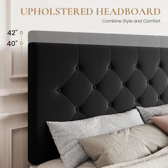 Alt view image 4 of 7 - King Size Platform Bed Frame with 4 Oversized Storage Drawers, Adjustable Headboard with Velvet Upholstery, Diamond Button Tufted Design, Wooden Slat Support, No Box Spring Needed, Black