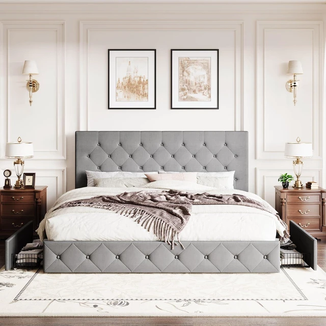 Alt view image 3 of 7 - Upholstered King Size Platform Bed Frame with 4 Storage Drawers, Adjustable Headboard with Diamond Stitched Button Tufted Design, Wooden Slat Support, No Box Spring Needed, Light Grey