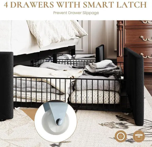 Alt view image 5 of 7 - King Size Platform Bed Frame with 4 Oversized Storage Drawers, Adjustable Headboard with Velvet Upholstery, Diamond Button Tufted Design, Wooden Slat Support, No Box Spring Needed, Black