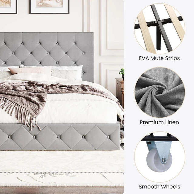Alt view image 7 of 7 - Upholstered King Size Platform Bed Frame with 4 Storage Drawers, Adjustable Headboard with Diamond Stitched Button Tufted Design, Wooden Slat Support, No Box Spring Needed, Light Grey