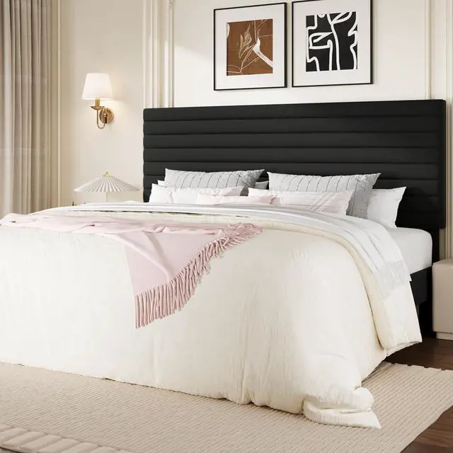 Main image of King Size Platform Bed Frame with Adjustable Headboard, Velvet Upholstered Bed with Under-Bed Storage, Modern Horizontal Channel Tufted, Wood Slats Support, No Box Spring Needed, Black