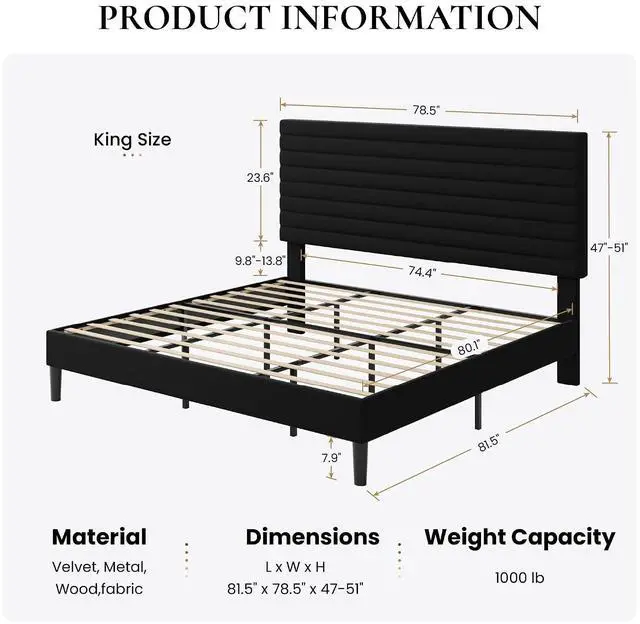 Alt view image 2 of 7 - King Size Platform Bed Frame with Adjustable Headboard, Velvet Upholstered Bed with Under-Bed Storage, Modern Horizontal Channel Tufted, Wood Slats Support, No Box Spring Needed, Black