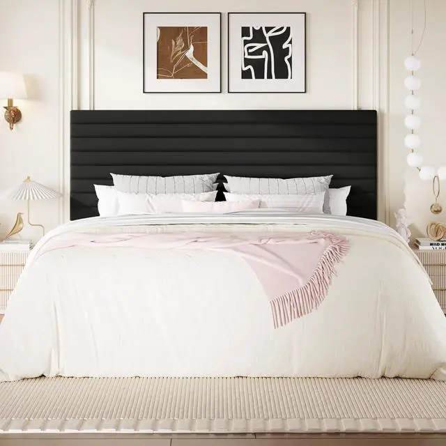 Alt view image 3 of 7 - King Size Platform Bed Frame with Adjustable Headboard, Velvet Upholstered Bed with Under-Bed Storage, Modern Horizontal Channel Tufted, Wood Slats Support, No Box Spring Needed, Black