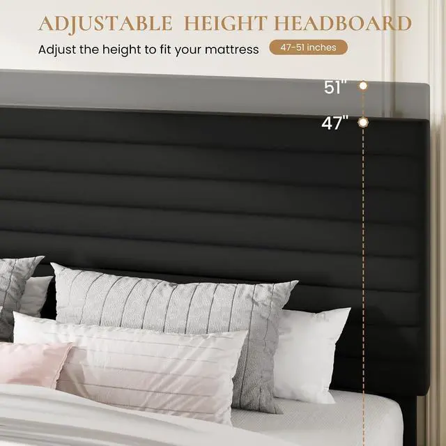 Alt view image 4 of 7 - King Size Platform Bed Frame with Adjustable Headboard, Velvet Upholstered Bed with Under-Bed Storage, Modern Horizontal Channel Tufted, Wood Slats Support, No Box Spring Needed, Black