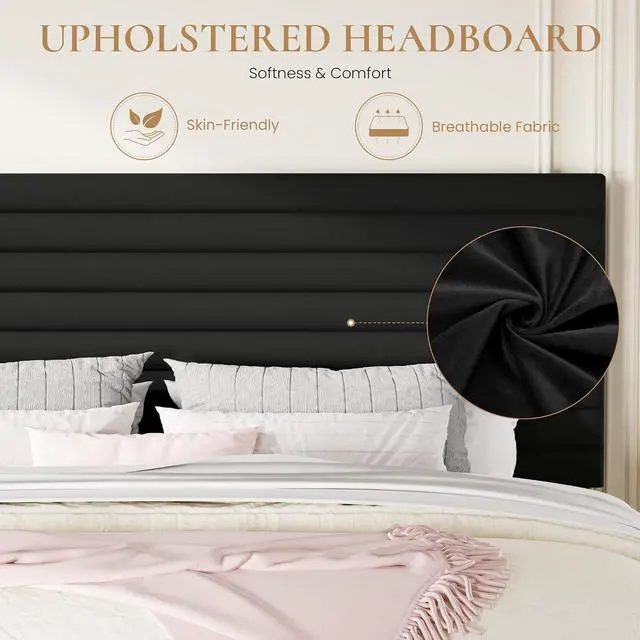 Alt view image 6 of 7 - King Size Platform Bed Frame with Adjustable Headboard, Velvet Upholstered Bed with Under-Bed Storage, Modern Horizontal Channel Tufted, Wood Slats Support, No Box Spring Needed, Black