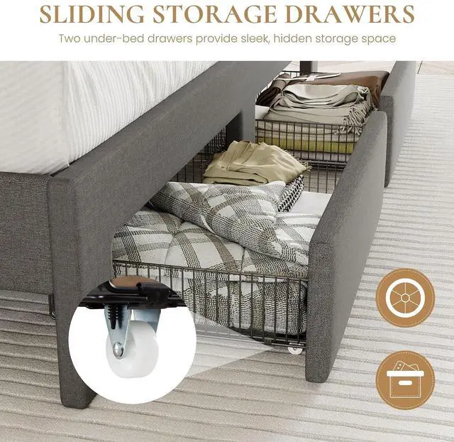 Alt view image 5 of 7 - Queen Platform Bed Frame with Vertical Channel Tufted Wingback Headboard & 2 Storage Drawers/2-Tier Shelves with LED Lights & Charging Station/Noise-Free/No Box Spring Needed/Dark Grey