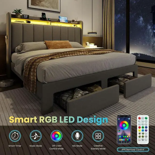 Alt view image 6 of 7 - Queen Platform Bed Frame with Vertical Channel Tufted Wingback Headboard & 2 Storage Drawers/2-Tier Shelves with LED Lights & Charging Station/Noise-Free/No Box Spring Needed/Dark Grey