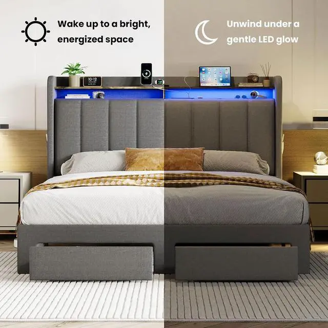 Alt view image 7 of 7 - Queen Platform Bed Frame with Vertical Channel Tufted Wingback Headboard & 2 Storage Drawers/2-Tier Shelves with LED Lights & Charging Station/Noise-Free/No Box Spring Needed/Dark Grey
