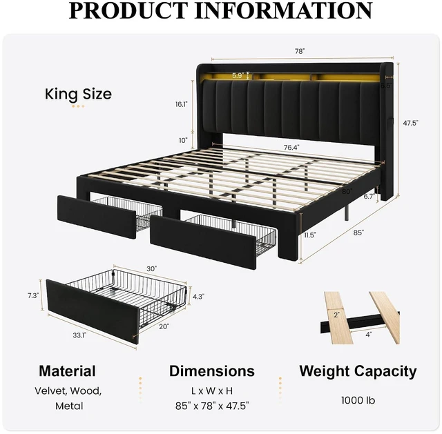 Alt view image 2 of 7 - Velvet King Size Bed Frame with Vertical Channel Tufted Wingback Headboard & 2 Storage Drawers/2-Tier Shelves with LED Lights & Charging Station/Noise-Free/No Box Spring Needed/Black