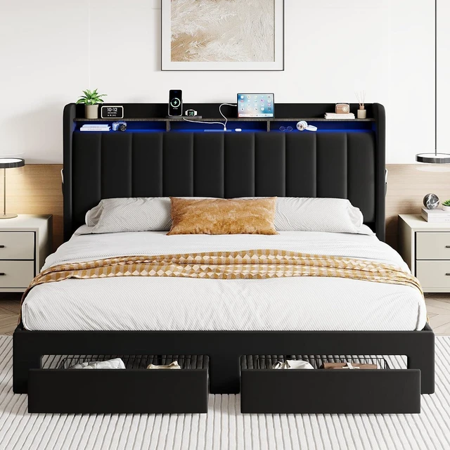 Alt view image 3 of 7 - Velvet King Size Bed Frame with Vertical Channel Tufted Wingback Headboard & 2 Storage Drawers/2-Tier Shelves with LED Lights & Charging Station/Noise-Free/No Box Spring Needed/Black