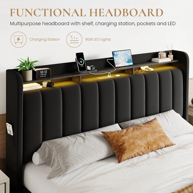 Alt view image 4 of 7 - Velvet King Size Bed Frame with Vertical Channel Tufted Wingback Headboard & 2 Storage Drawers/2-Tier Shelves with LED Lights & Charging Station/Noise-Free/No Box Spring Needed/Black