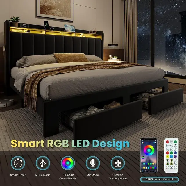 Alt view image 6 of 7 - Velvet King Size Bed Frame with Vertical Channel Tufted Wingback Headboard & 2 Storage Drawers/2-Tier Shelves with LED Lights & Charging Station/Noise-Free/No Box Spring Needed/Black