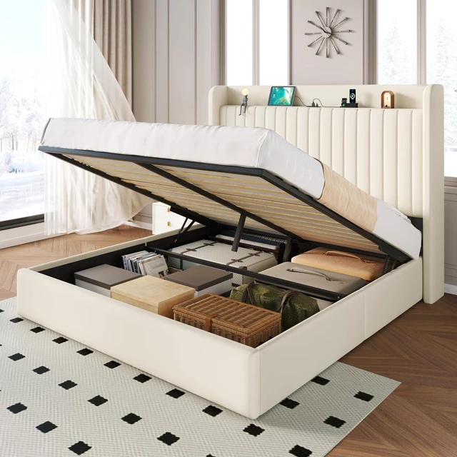 Main image of Full Size Lift Up Storage Bed Frame with Charging Station/USB,Type-C Port/Storage Headboard/Velvet Upholstered/Hydraulic Support/No Box Spring Needed/Noise Free/Cream White