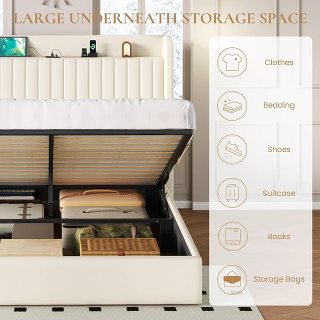 Alt view image 4 of 7 - Full Size Lift Up Storage Bed Frame with Charging Station/USB,Type-C Port/Storage Headboard/Velvet Upholstered/Hydraulic Support/No Box Spring Needed/Noise Free/Cream White
