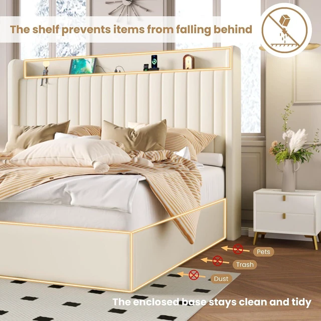 Alt view image 5 of 7 - Full Size Lift Up Storage Bed Frame with Charging Station/USB,Type-C Port/Storage Headboard/Velvet Upholstered/Hydraulic Support/No Box Spring Needed/Noise Free/Cream White