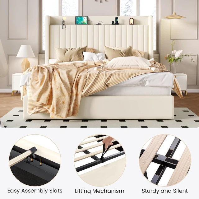 Alt view image 6 of 7 - Full Size Lift Up Storage Bed Frame with Charging Station/USB,Type-C Port/Storage Headboard/Velvet Upholstered/Hydraulic Support/No Box Spring Needed/Noise Free/Cream White