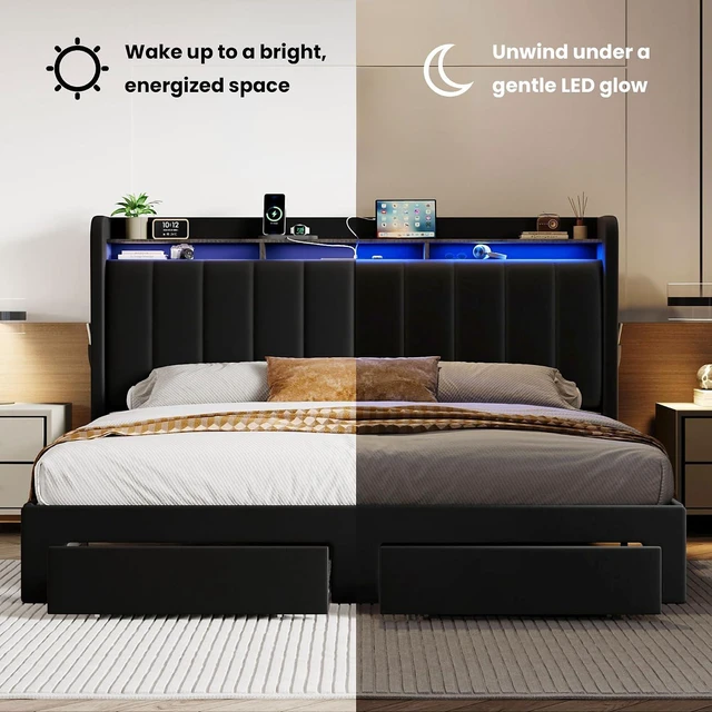Alt view image 7 of 7 - Velvet King Size Bed Frame with Vertical Channel Tufted Wingback Headboard & 2 Storage Drawers/2-Tier Shelves with LED Lights & Charging Station/Noise-Free/No Box Spring Needed/Black