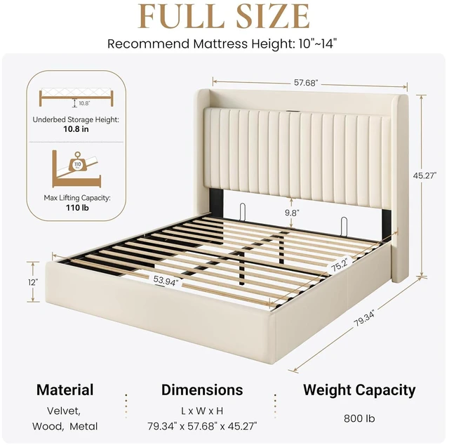 Alt view image 2 of 7 - Full Size Lift Up Storage Bed Frame with Charging Station/USB,Type-C Port/Storage Headboard/Velvet Upholstered/Hydraulic Support/No Box Spring Needed/Noise Free/Cream White