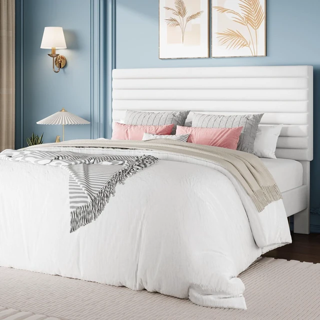 Main image of Full Size Platform Bed Frame with Adjustable Headboard, Velvet Upholstered Bed with Under-Bed Storage, Modern Horizontal Channel Tufted, Wood Slats Support, No Box Spring Needed, White