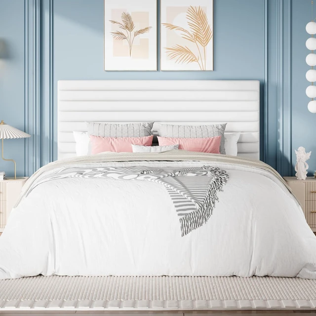 Alt view image 3 of 7 - Full Size Platform Bed Frame with Adjustable Headboard, Velvet Upholstered Bed with Under-Bed Storage, Modern Horizontal Channel Tufted, Wood Slats Support, No Box Spring Needed, White