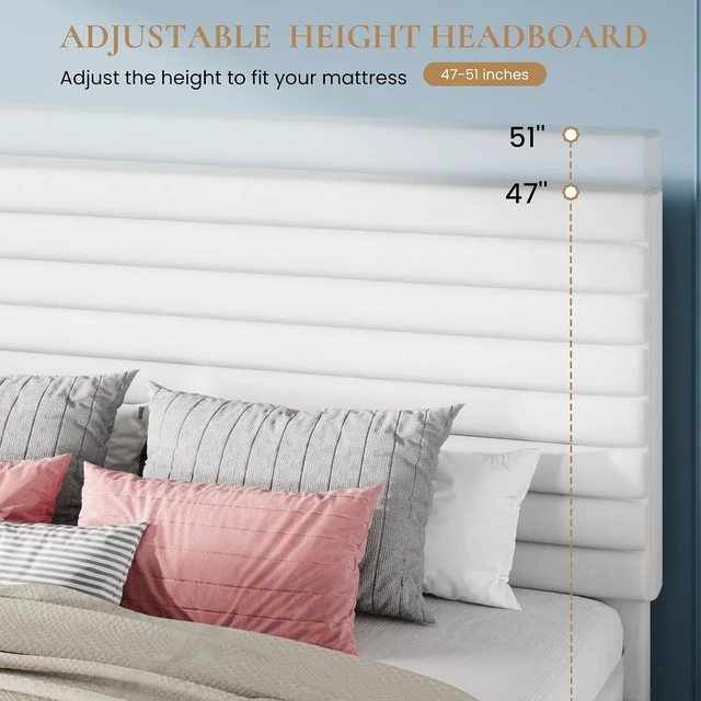 Alt view image 4 of 7 - Full Size Platform Bed Frame with Adjustable Headboard, Velvet Upholstered Bed with Under-Bed Storage, Modern Horizontal Channel Tufted, Wood Slats Support, No Box Spring Needed, White