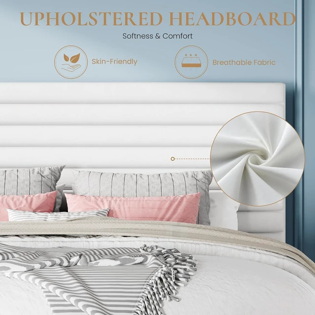Alt view image 6 of 7 - Full Size Platform Bed Frame with Adjustable Headboard, Velvet Upholstered Bed with Under-Bed Storage, Modern Horizontal Channel Tufted, Wood Slats Support, No Box Spring Needed, White