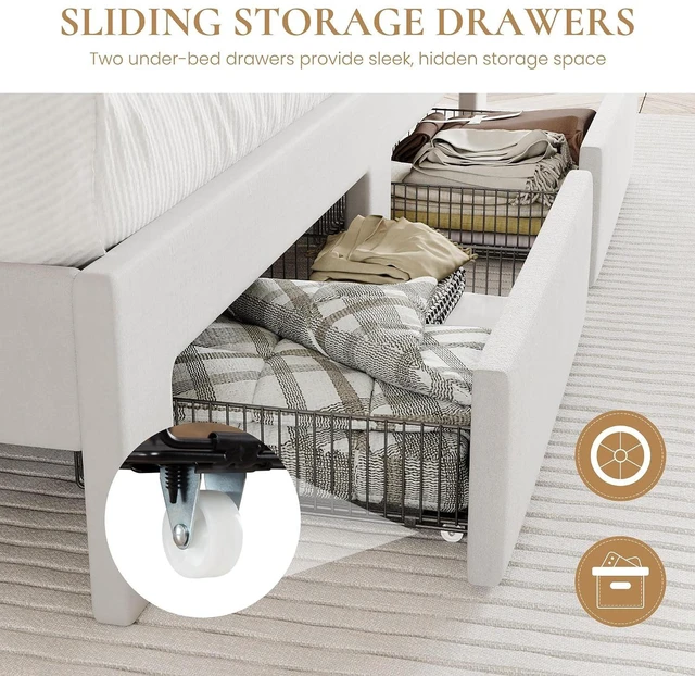 Alt view image 5 of 7 - Velvet King Size Bed Frame with Vertical Channel Tufted Wingback Headboard & 2 Storage Drawers/2-Tier Shelves with LED Lights & Charging Station/Noise-Free/No Box Spring Needed/White