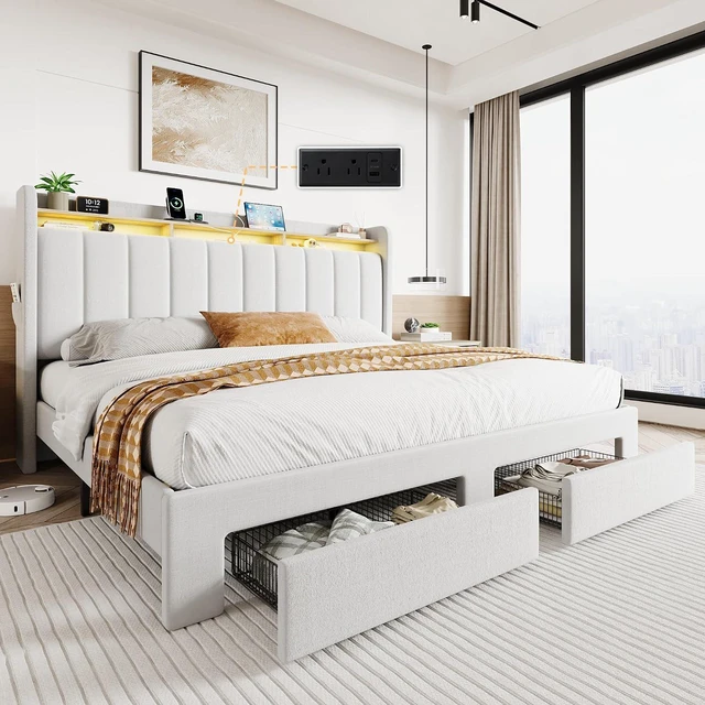 Main image of Velvet King Size Bed Frame with Vertical Channel Tufted Wingback Headboard & 2 Storage Drawers/2-Tier Shelves with LED Lights & Charging Station/Noise-Free/No Box Spring Needed/White