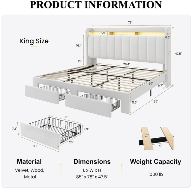 Alt view image 2 of 7 - Velvet King Size Bed Frame with Vertical Channel Tufted Wingback Headboard & 2 Storage Drawers/2-Tier Shelves with LED Lights & Charging Station/Noise-Free/No Box Spring Needed/White