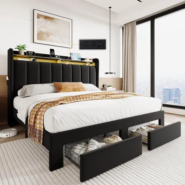 Main image of Velvet Queen Bed Frame with Vertical Channel Tufted Wingback Headboard & 2 Storage Drawers/2-Tier Shelves with LED Lights & Charging Station/Noise-Free/No Box Spring Needed/Black