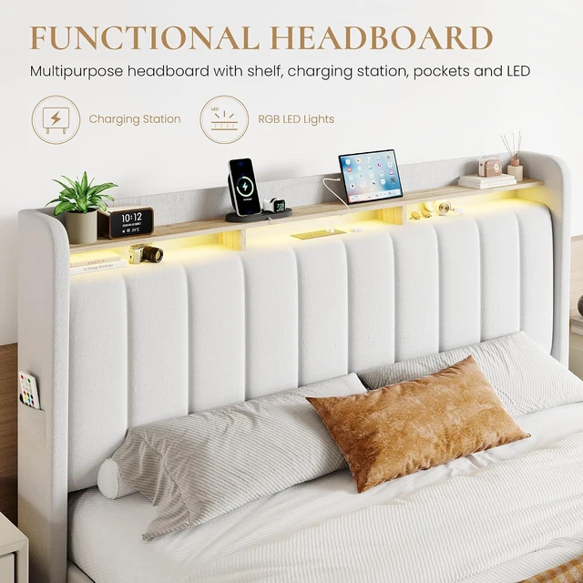 Alt view image 4 of 7 - Velvet King Size Bed Frame with Vertical Channel Tufted Wingback Headboard & 2 Storage Drawers/2-Tier Shelves with LED Lights & Charging Station/Noise-Free/No Box Spring Needed/White