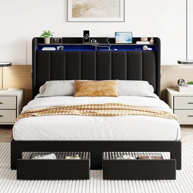 Alt view image 3 of 7 - Velvet Queen Bed Frame with Vertical Channel Tufted Wingback Headboard & 2 Storage Drawers/2-Tier Shelves with LED Lights & Charging Station/Noise-Free/No Box Spring Needed/Black
