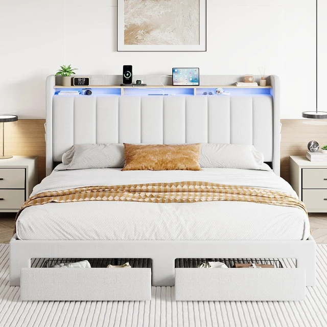 Alt view image 3 of 7 - Velvet King Size Bed Frame with Vertical Channel Tufted Wingback Headboard & 2 Storage Drawers/2-Tier Shelves with LED Lights & Charging Station/Noise-Free/No Box Spring Needed/White