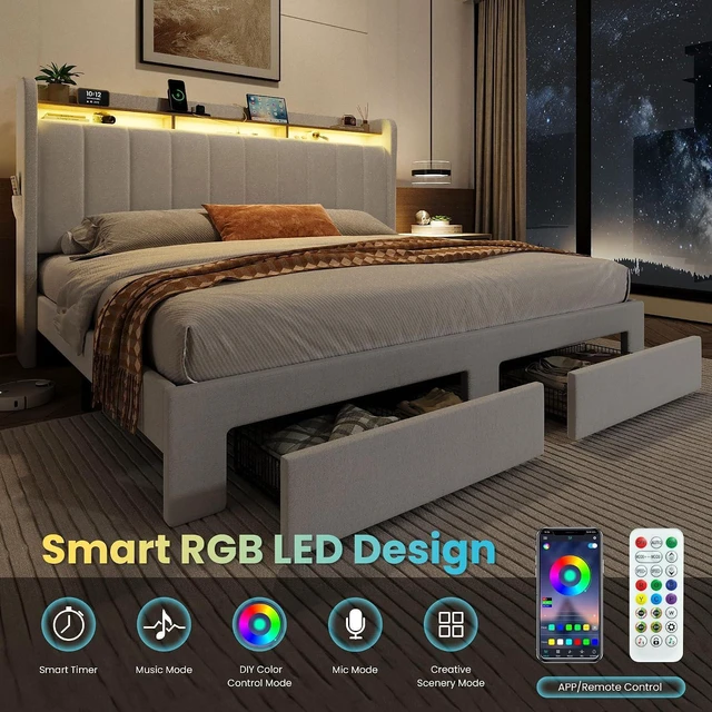 Alt view image 6 of 7 - Velvet King Size Bed Frame with Vertical Channel Tufted Wingback Headboard & 2 Storage Drawers/2-Tier Shelves with LED Lights & Charging Station/Noise-Free/No Box Spring Needed/White