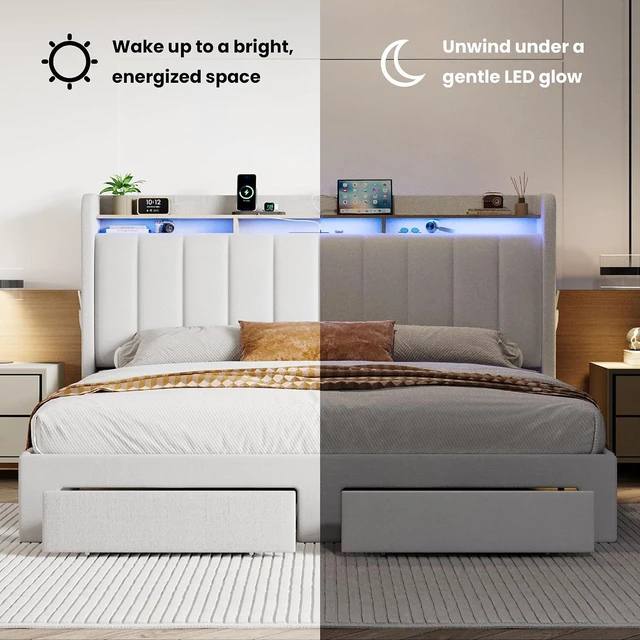 Alt view image 7 of 7 - Velvet King Size Bed Frame with Vertical Channel Tufted Wingback Headboard & 2 Storage Drawers/2-Tier Shelves with LED Lights & Charging Station/Noise-Free/No Box Spring Needed/White