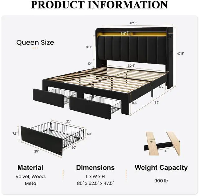 Alt view image 2 of 7 - Velvet Queen Bed Frame with Vertical Channel Tufted Wingback Headboard & 2 Storage Drawers/2-Tier Shelves with LED Lights & Charging Station/Noise-Free/No Box Spring Needed/Black