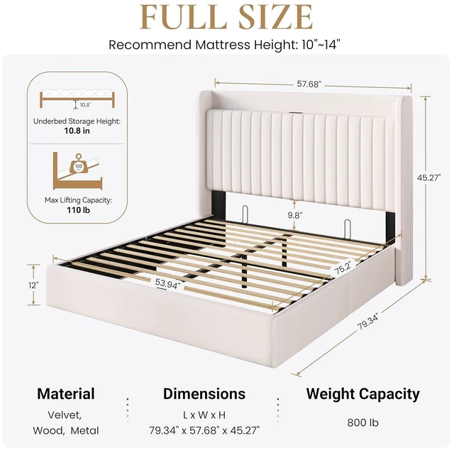 Alt view image 2 of 7 - Full Size Lift Up Storage Bed Frame with Charging Station/USB,Type-C Port/Storage Headboard/Velvet Upholstered/Hydraulic Support/No Box Spring Needed/Noise Free/White