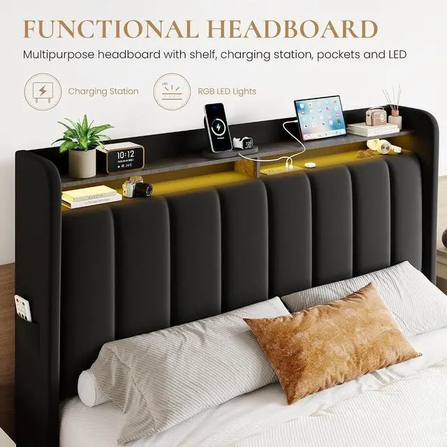 Alt view image 4 of 7 - Velvet Queen Bed Frame with Vertical Channel Tufted Wingback Headboard & 2 Storage Drawers/2-Tier Shelves with LED Lights & Charging Station/Noise-Free/No Box Spring Needed/Black