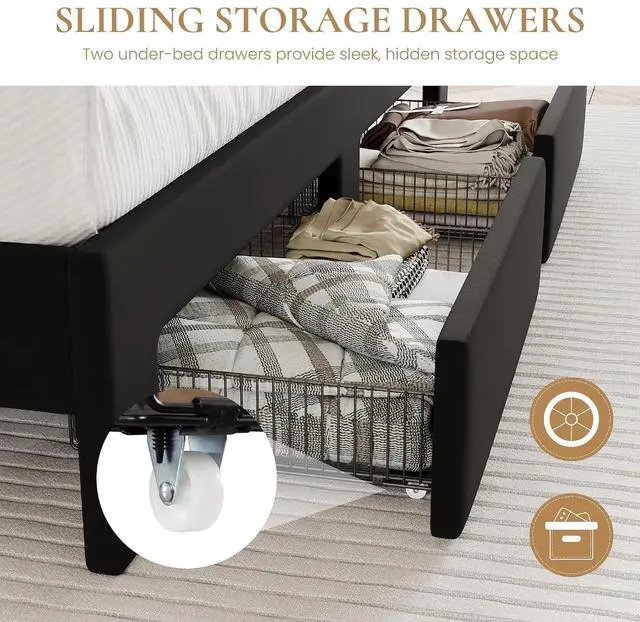 Alt view image 5 of 7 - Velvet Queen Bed Frame with Vertical Channel Tufted Wingback Headboard & 2 Storage Drawers/2-Tier Shelves with LED Lights & Charging Station/Noise-Free/No Box Spring Needed/Black