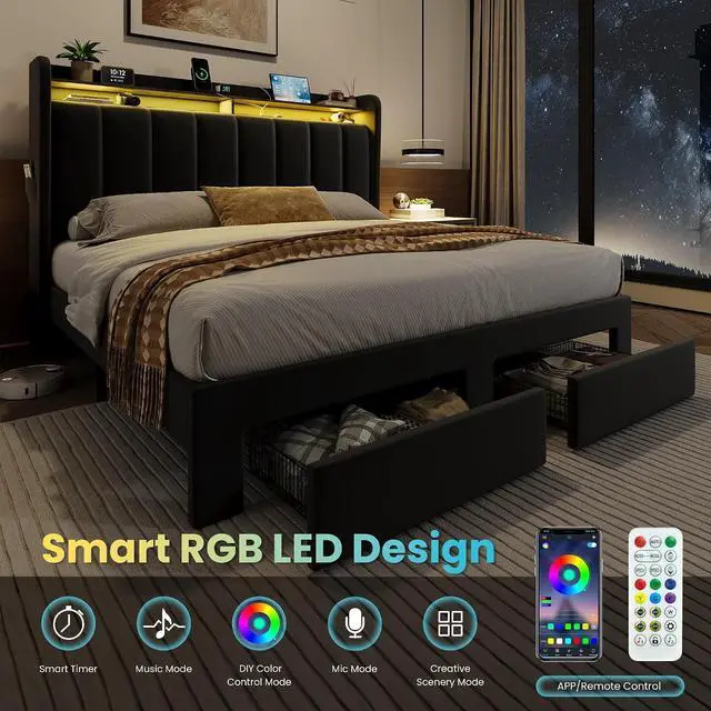 Alt view image 6 of 7 - Velvet Queen Bed Frame with Vertical Channel Tufted Wingback Headboard & 2 Storage Drawers/2-Tier Shelves with LED Lights & Charging Station/Noise-Free/No Box Spring Needed/Black