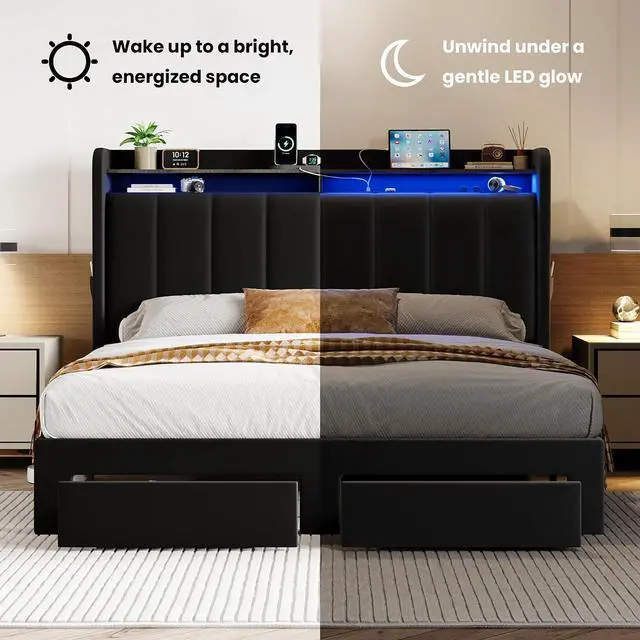 Alt view image 7 of 7 - Velvet Queen Bed Frame with Vertical Channel Tufted Wingback Headboard & 2 Storage Drawers/2-Tier Shelves with LED Lights & Charging Station/Noise-Free/No Box Spring Needed/Black
